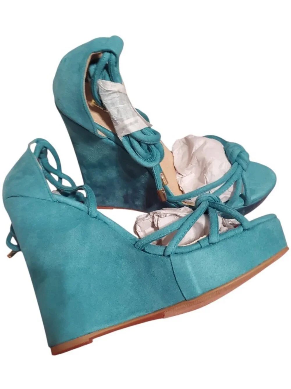 Lioliana Suede Lace-Up Platform Wedge Sandals Teal Blue Size 8